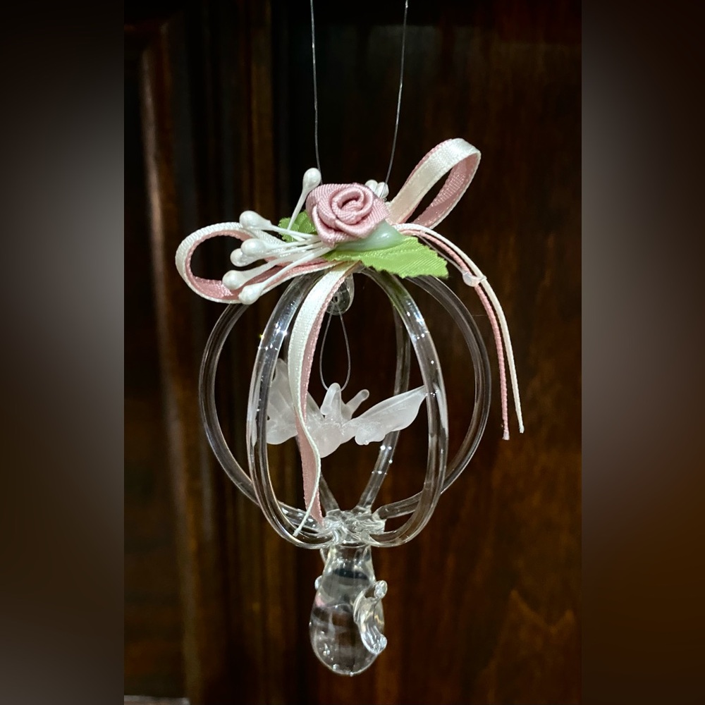 Silvestri Vintage Hand Blown Glass Pink Floral Ribbon Caged Butterfly Ornament